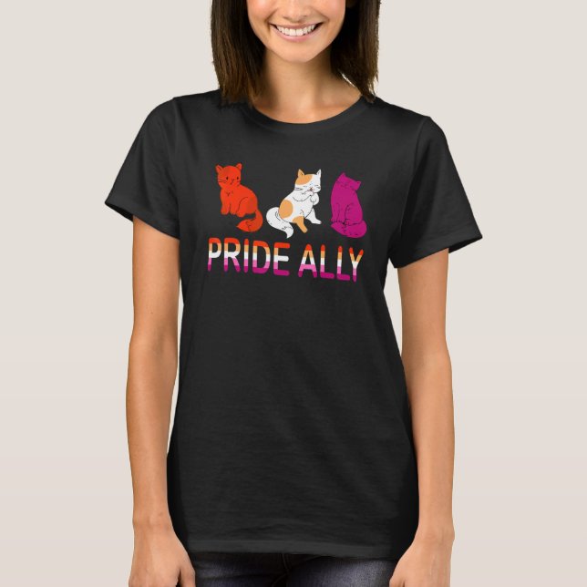 Pride Ally Cute Three Lesbian Flag Cat Pride Lgbt T-Shirt (Front)