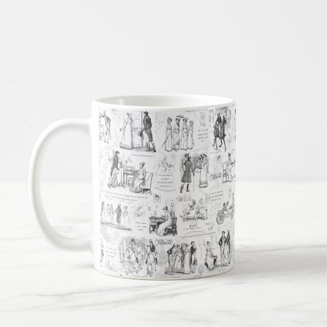 Pride and Prejudice Black White Toile Quotes Coffee Mug (Left)