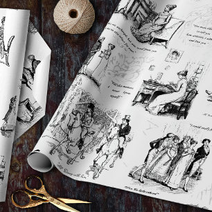 Pride and Prejudice Black White Toile Quotes Wrapping Paper