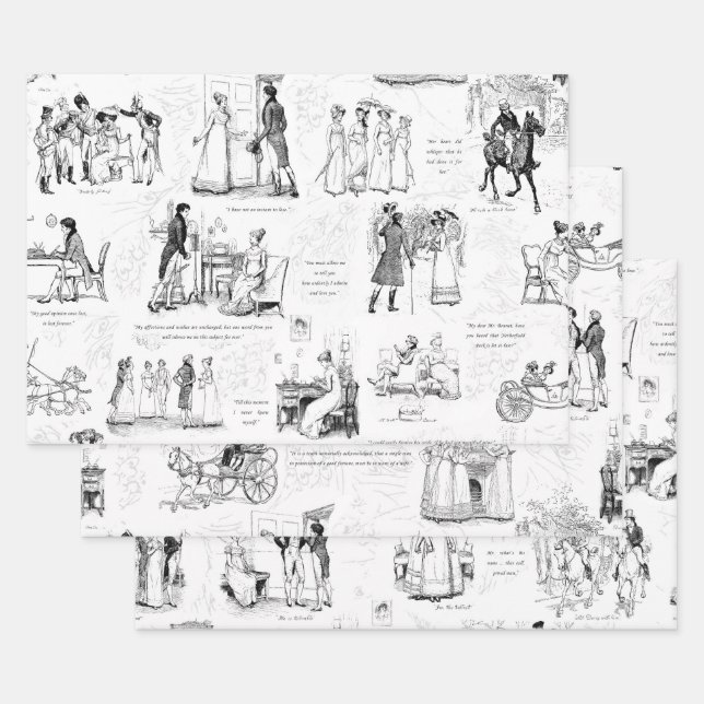 Pride and Prejudice Black White Toile Quotes Wrapping Paper Sheet (Set)