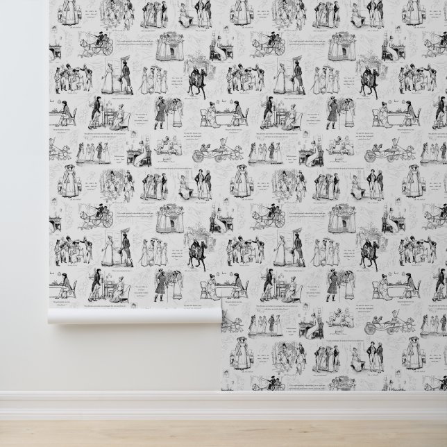 Pride and Prejudice Black White Toile Wallpaper (Application)