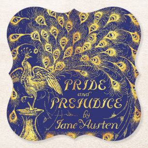 Pride and Prejudice Blue Gold Peacock Book Cover Paper Coaster