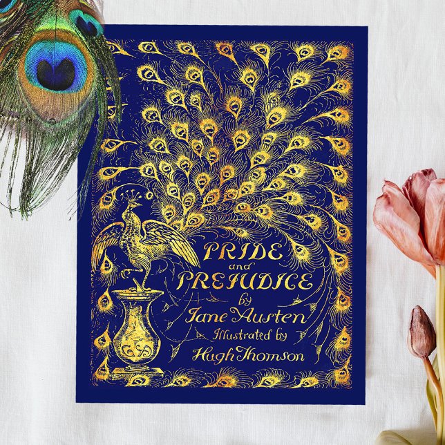 Pride and Prejudice Blue Gold Peacock Book Cover Postcard (Creator Uploaded)