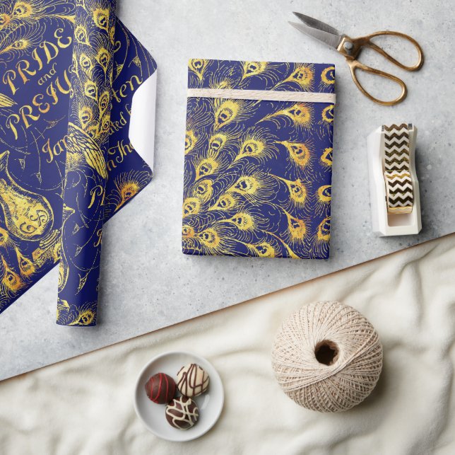 Pride and Prejudice Blue Gold Peacock Book Cover Wrapping Paper (Crafts)