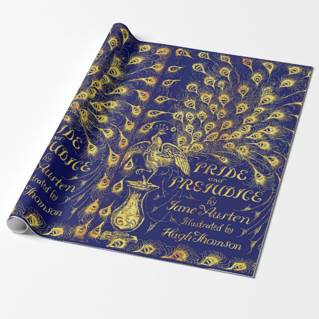 Pride and Prejudice Blue Gold Peacock Book Cover Wrapping Paper (Unrolled)