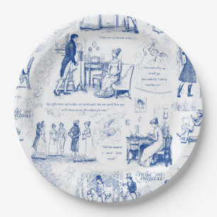 Pride and Prejudice Blue Toile Quotes Illustration Paper Plate