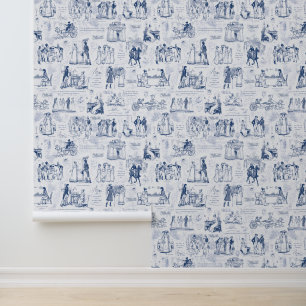 Pride and Prejudice Blue White Toile Wallpaper