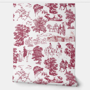 Pride and Prejudice Horses Burgundy White Toile Wallpaper