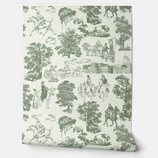 Pride and Prejudice Horses Sage White Toile Wallpaper (Unrolling)