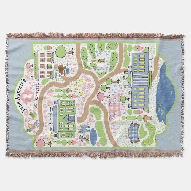 Pride and Prejudice Map Blanket Jane Austen throw (Front)