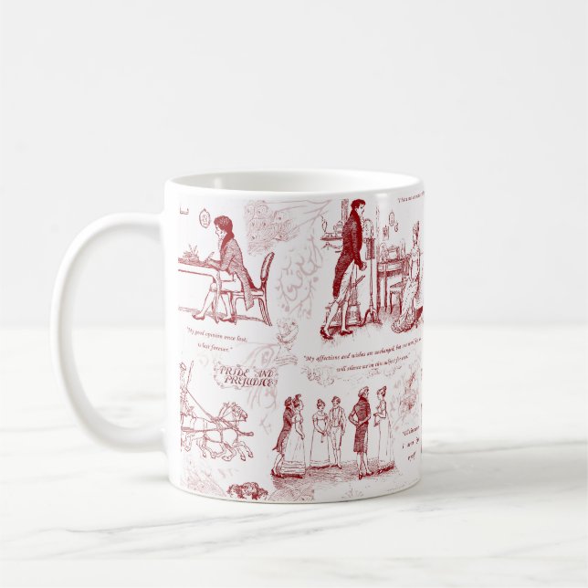 Pride and Prejudice Red Toile Quotes Coffee Mug (Left)