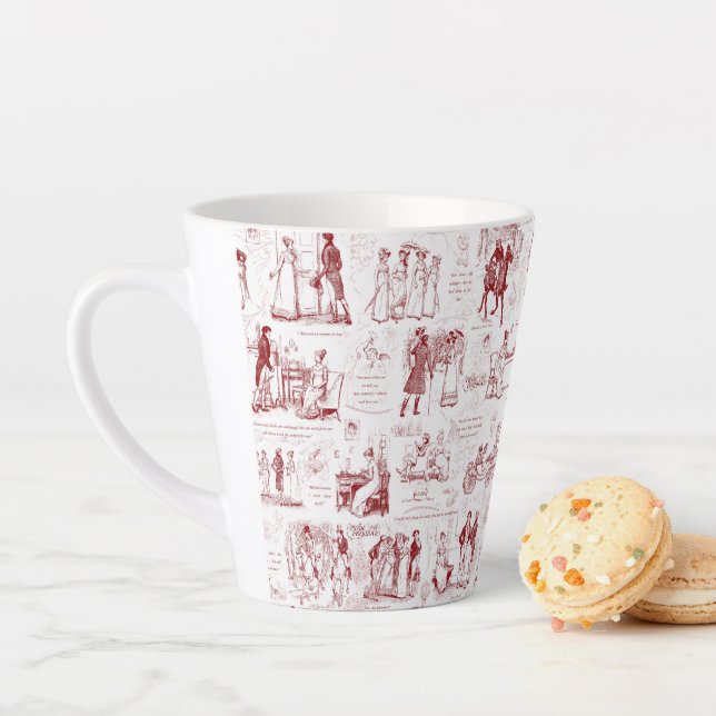 Pride and Prejudice Red Toile Quotes Latte Mug (In Situ)