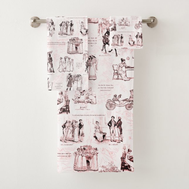 Pride and Prejudice Sangria Red Toile Quotes Bath Towel Set (Insitu)