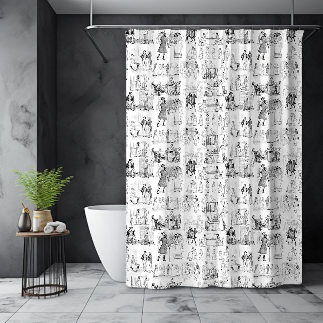 Pride and Prejudice Vintage Illustration Toile Shower Curtain (Black and white shower curtain featuring vintage Pride and Prejudice illustrations.)