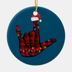 Pride ASL Merry Christmas Sign Language Red Plaid Ceramic Tree Decoration