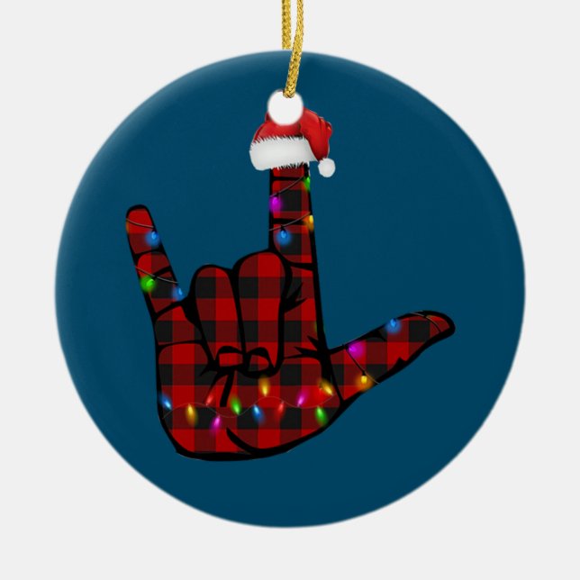 Pride ASL Merry Christmas Sign Language Red Plaid Ceramic Tree Decoration (Front)