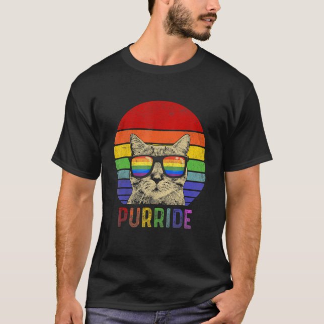 Pride Cat Purride Gay LGBTQ Rainbow Flag Retro Sty T-Shirt (Front)