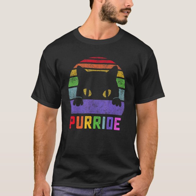 Pride Cat Purride Gay Lgbtq Rainbow Flag Retro Sty T-Shirt (Front)