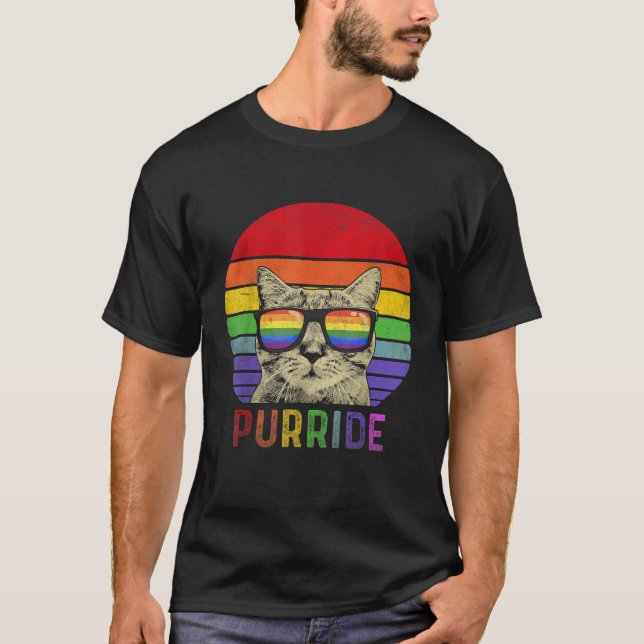 Pride Cat Purride Gay LGBTQ Rainbow Flag Retro Sty T-Shirt (Front)