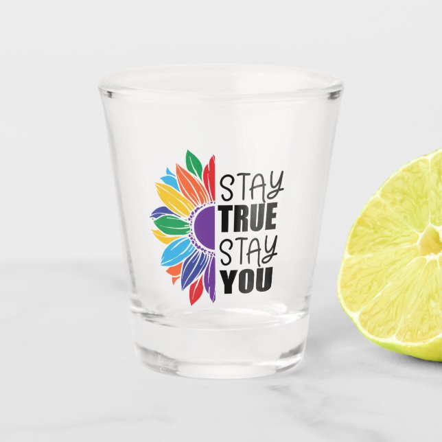 Pride colours stay true word art shot glass (Front)