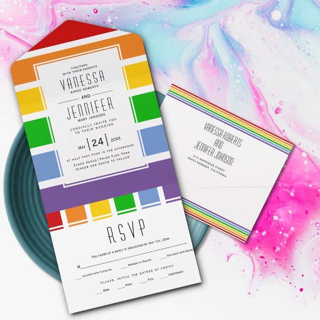 Pride flag stripes gay, lesbian wedding all in one invitation (Creator Uploaded)