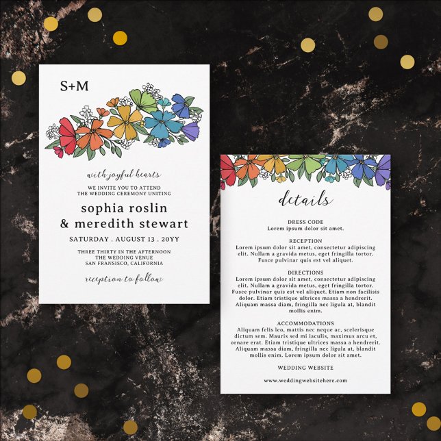 Pride Flowers Monogram Details LGBT Wedding Invitation (Creator Uploaded)