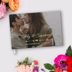 Pride Heart Gold Arrows Photo LGBTQ Wedding Guest Book