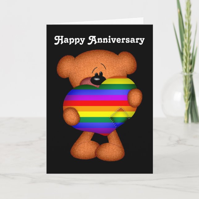 Pride Heart Teddy Bear Happy Anniversary Card (Front)