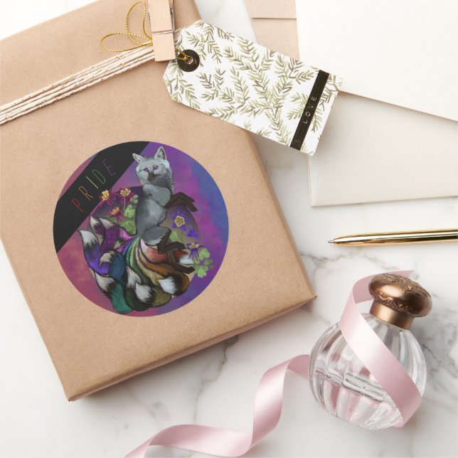 Pride Kitsune and Columbine Flowers Classic Round Sticker (Gifting)