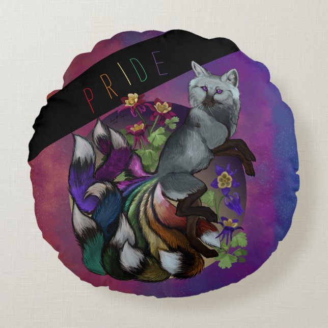 Pride Kitsune and Columbine Flowers  Round Cushion (Front)