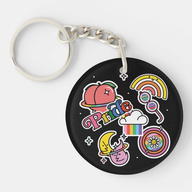 Pride+LGBTQ. Love pride. Rainbow heart with flower Key Ring (Front)