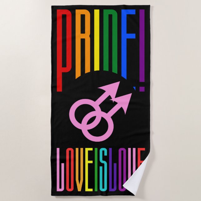 Pride Love is Love Gay Couple Sign LGBT Rainbow Beach Towel (Front)