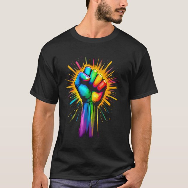 Pride Power Fist Rainbow Equality Activism T-Shirt (Front)
