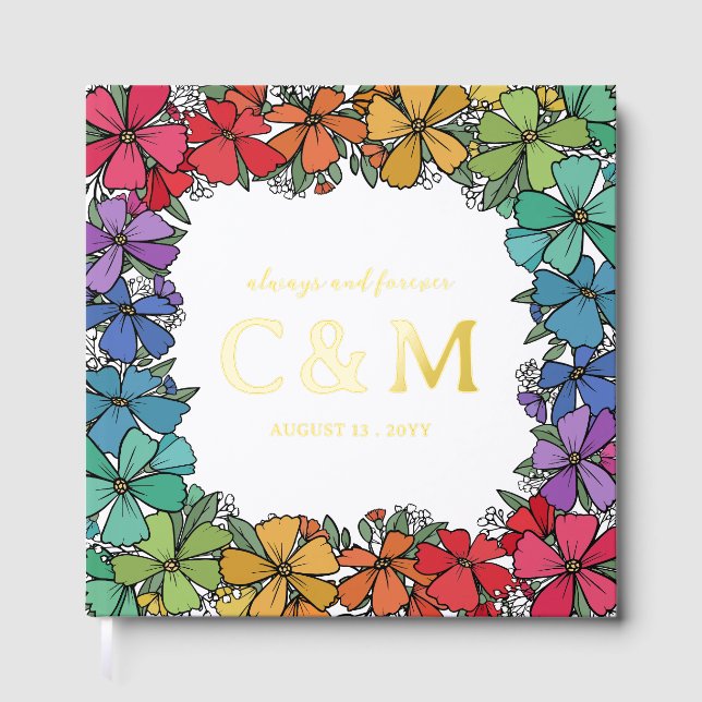 Pride Rainbow Floral Wreath Gold LGBTQ Wedding Guest Book (Front)