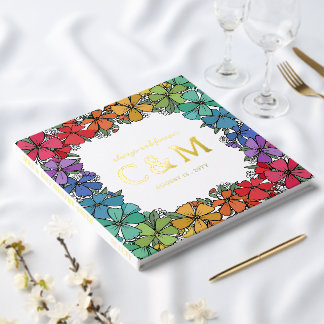 Pride Rainbow Floral Wreath Gold LGBTQ Wedding Guest Book