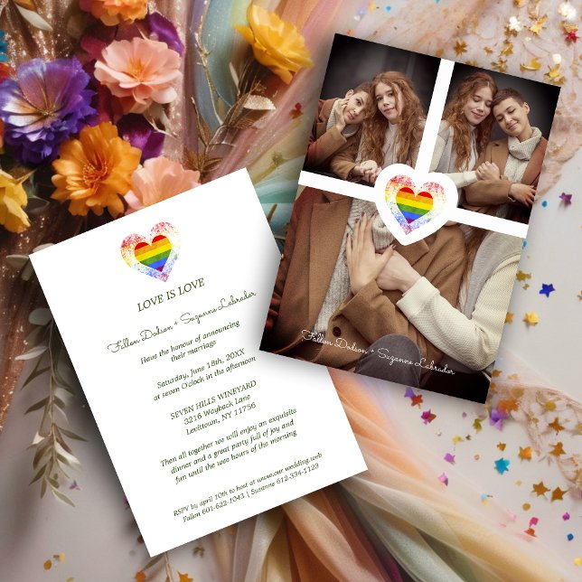 Pride Rainbow Heart Lesbian Gay Wedding 3 Photos Invitation (Pride Rainbow Heart Lesbian Gay Wedding 3 Photos Invitation Card.)