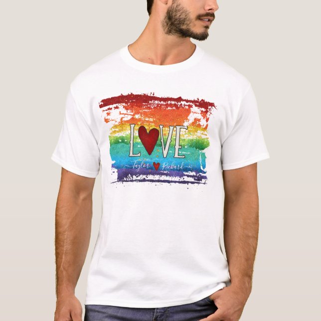Pride Rainbow Heart Love Glitter Personalized Name T-Shirt (Front)