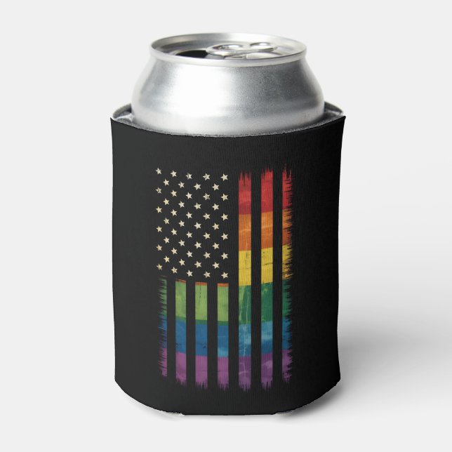 Pride USA America Distressed Rainbow Flag LGBTQ Can Cooler (Can Front)