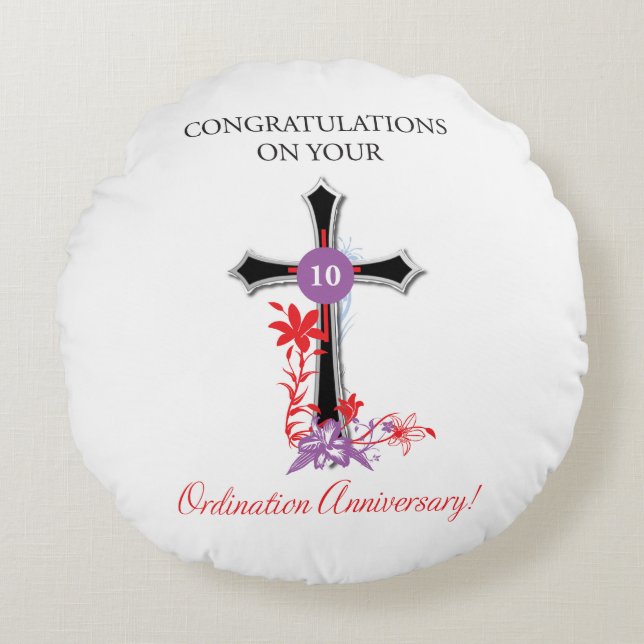 Priest 10th Ordination Anniversary Black Cross Round Cushion (Front)