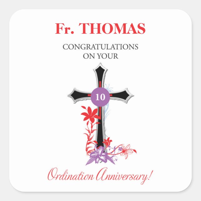 Priest 10th Ordination Anniversary Black Cross Square Sticker (Front)