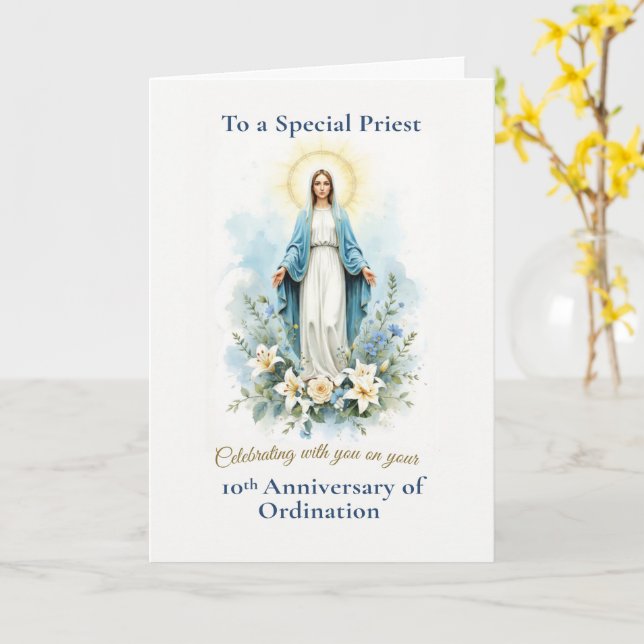 Priest 10th Ordination Anniversary Marian Blessing Card (Yellow Flower)
