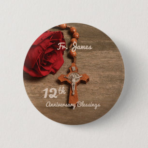 Priest 12th Ordination Anniversary Rose and Rosary 6 Cm Round Badge