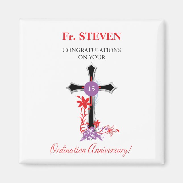 Priest 15th Ordination Anniversary Black Cross Magnet (Front)