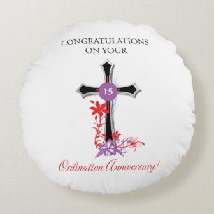 Priest 15th Ordination Anniversary Black Cross Round Cushion