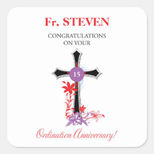Priest 15th Ordination Anniversary Black Cross Square Sticker