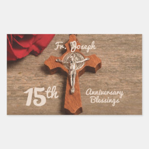Priest 15th Ordination Anniversary Rose and Rosary Rectangular Sticker