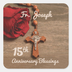 Priest 15th Ordination Anniversary Rose and Rosary Square Sticker