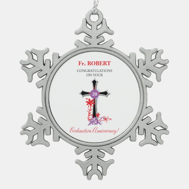 Priest 20th Ordination Anniversary Black Cross Snowflake Pewter Christmas Ornament (Front)