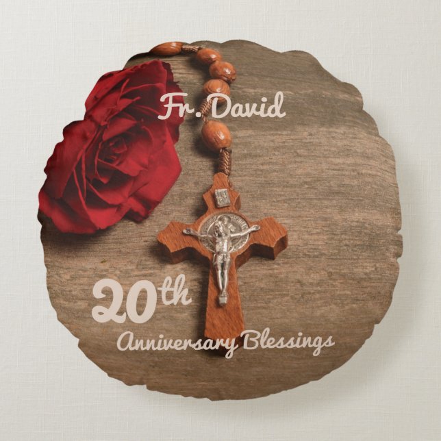 Priest 20th Ordination Anniversary Rose and Rosary Round Cushion (Front)