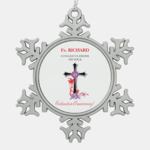 Priest 25th Ordination Anniversary Black Cross Snowflake Pewter Christmas Ornament